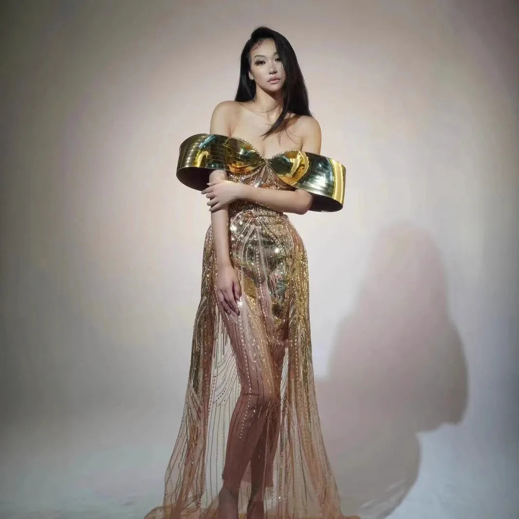 Gold strapless sequined women's formal dress with side split in long skirt