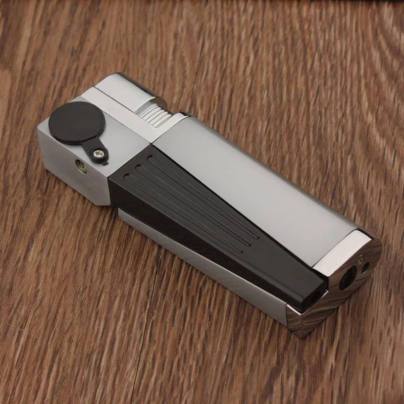 Foldable metal pipe lighter showing stash compartment and lighter mechanism in zinc alloy construction