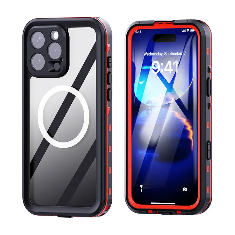 Black dark gray waterproof phone case for iPhone 16 series with anti-fall shell and secure seal