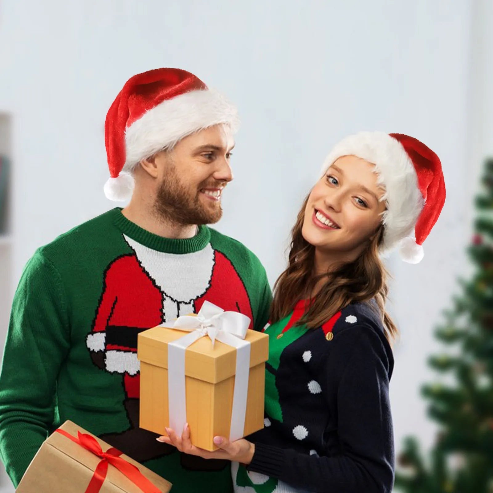 Red and white plush Santa hat with integrated multi-colour LED lights glowing