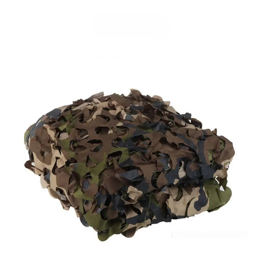 Green camouflage net with mesh pattern for outdoor camp cover and military sunshade.