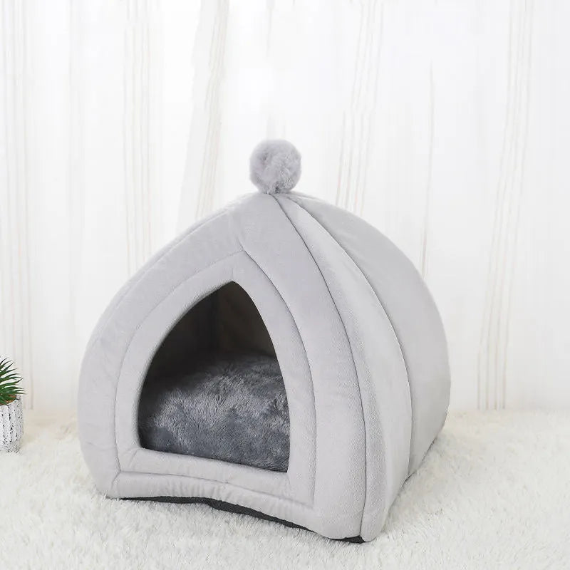 Gray cat bed pet house cave in size XL on a hardwood floor