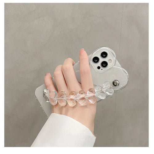 Transparent iPhone case with love bracelet chain design for Apple models 7 through 13 Pro Max