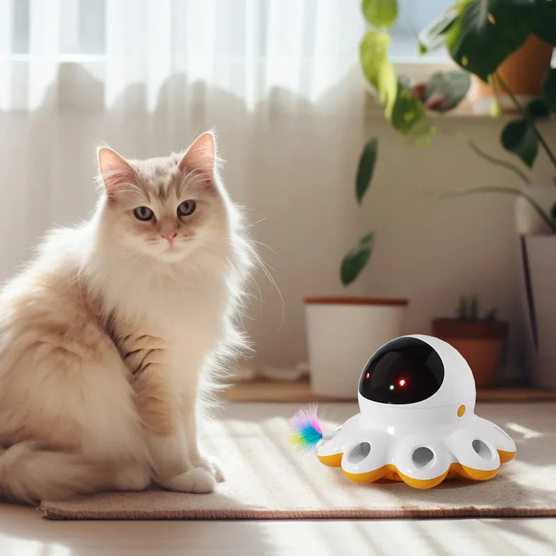 Automatic electric cat toy teaser with feather wand, USB-C charging port, ABS plastic body in various colours