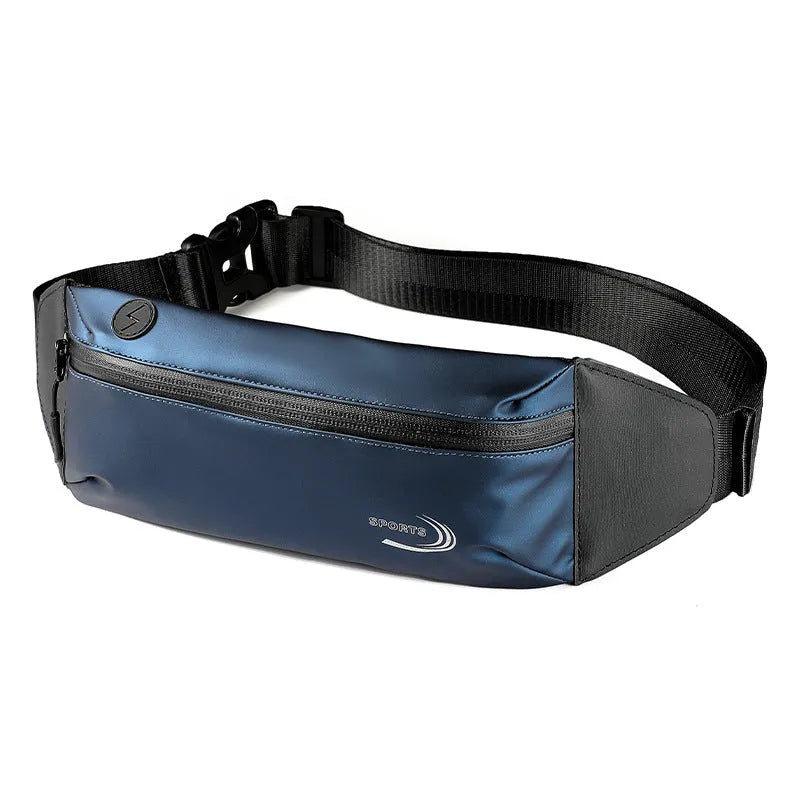 Men's black waterproof sports waist bag with bungee cord waistband on a grey background