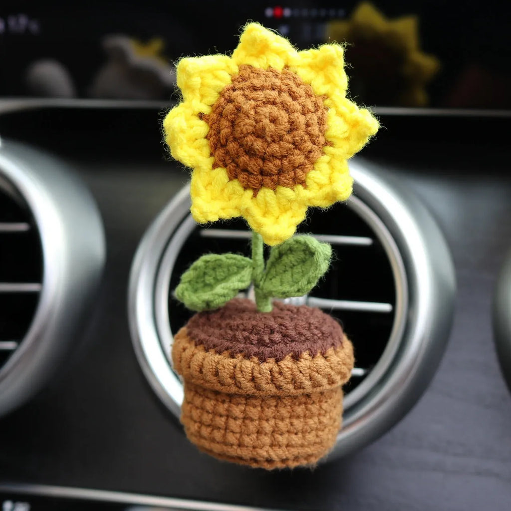 Wool car air vent aromatherapy clip with potted plant floral design in multiple colour options