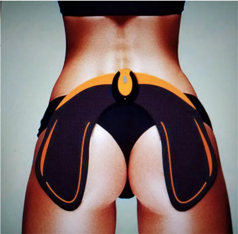 Compact black EMS muscle stimulator unit with conductive gel pads for abdominal and buttock toning