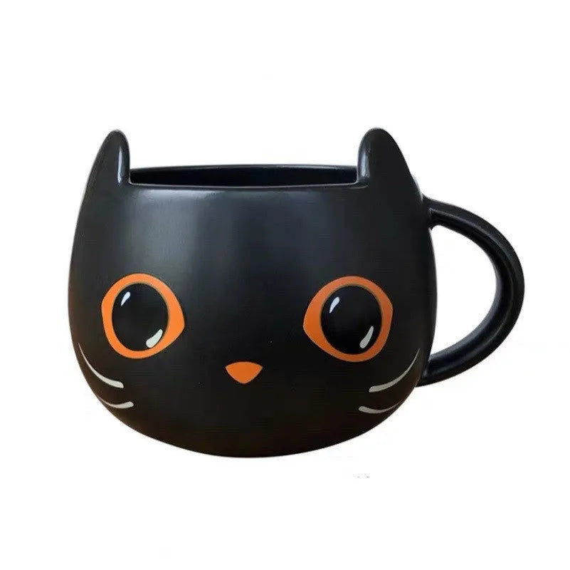 Black cat-shaped ceramic mug with pumpkin decoration and 355ml capacity