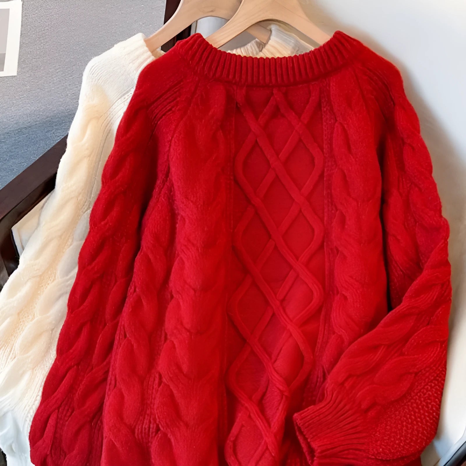 Women's Japanese loose casual knitted sweater in solid beige colour, relaxed fit