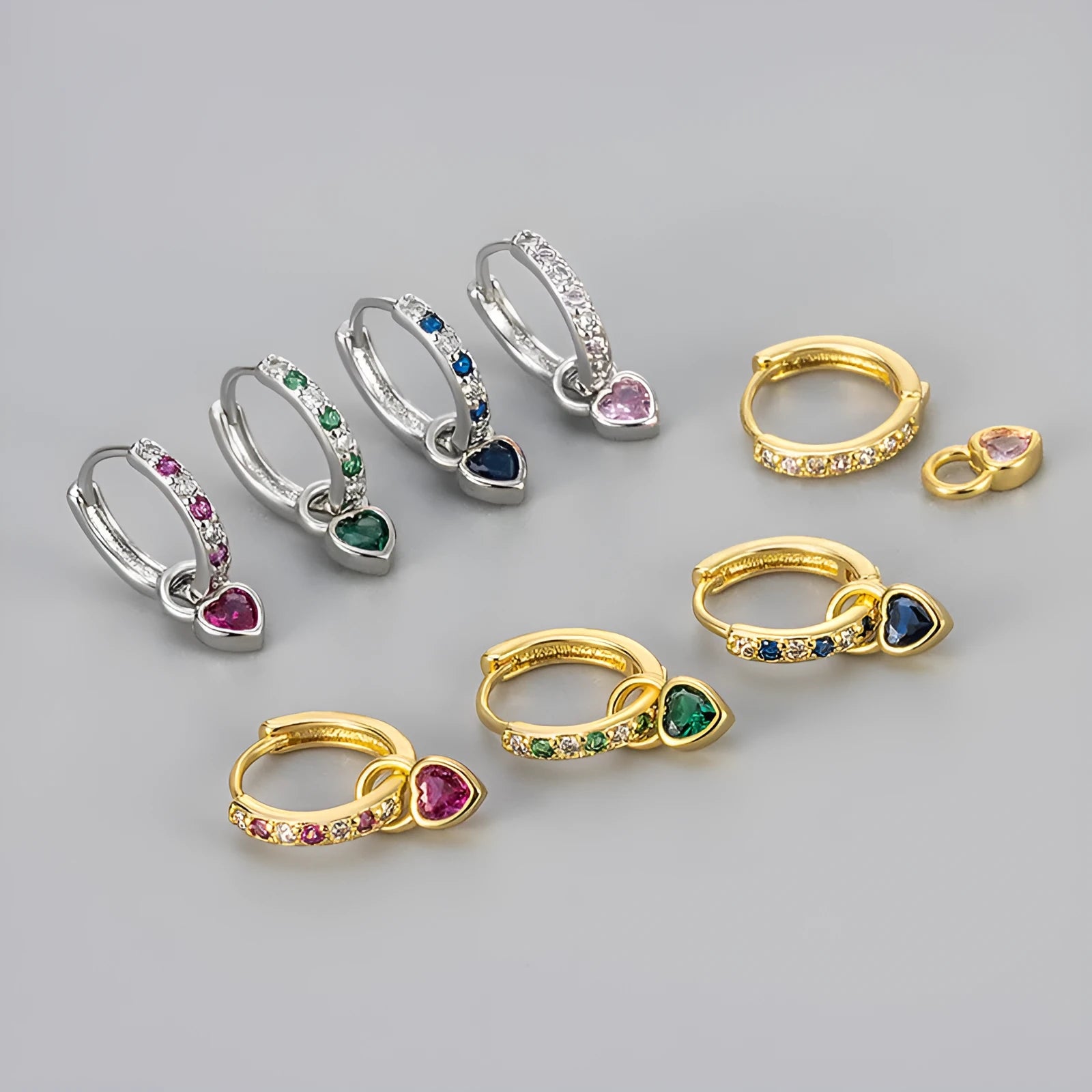 Women's heart-shaped drop earrings with a coloured gemstone, in gold or white gold plating.