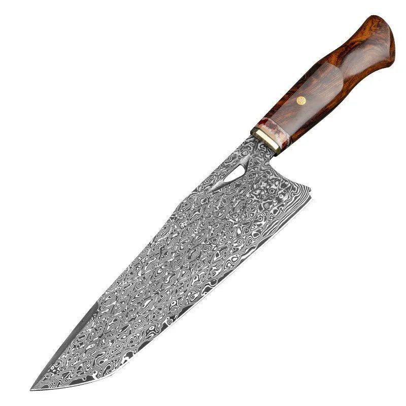 Damascus steel kitchen knife with 21.8cm patterned blade, milky off-white handle, and 35cm overall length