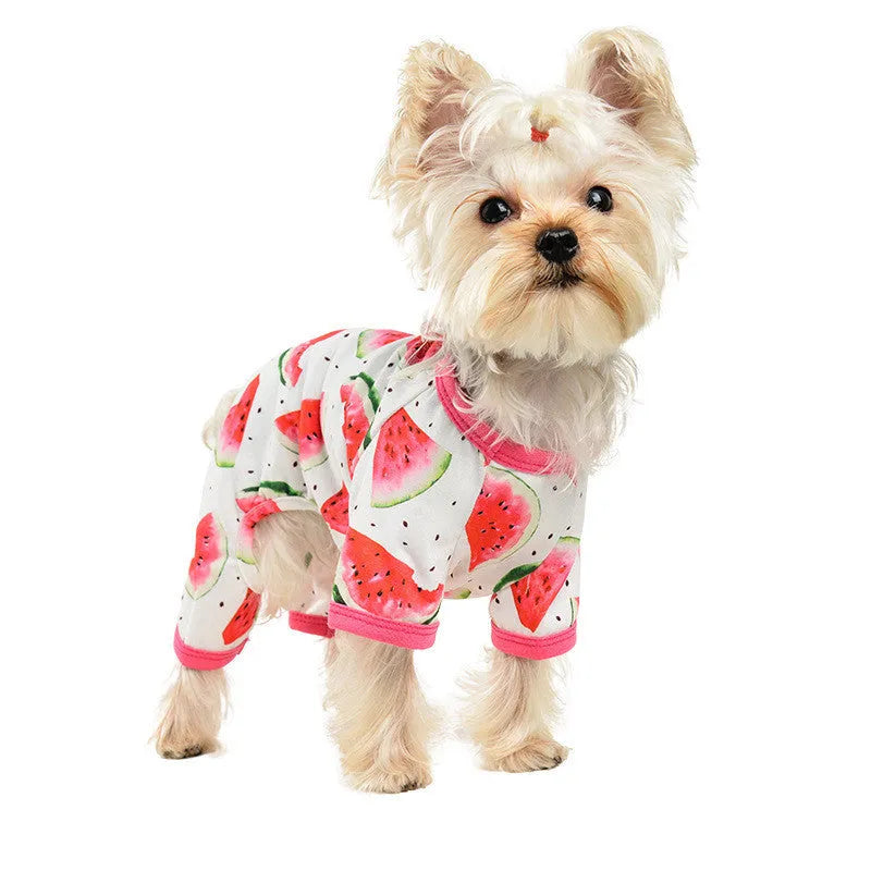 Four-legged dog jumpsuit in watermelon red print made from polyester, available in multiple sizes