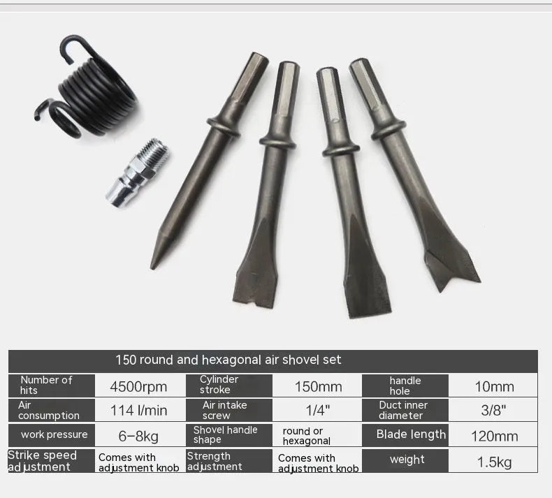 Industrial air hammer tool with brake pad removal air pick and hex handle configuration