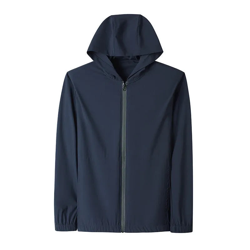 Grey loose-fit hooded sun-protective jacket and trousers set on a hanger