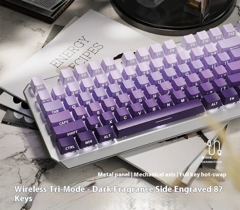 87-key wired mechanical keyboard with side-engraved keycaps, silver white finish, compact layout