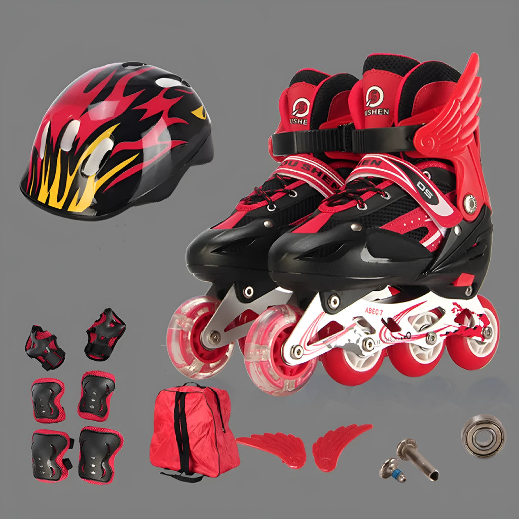 Children's adjustable skating shoes with aluminium frame, PU foam wheels, and complete protective gear set including helmet