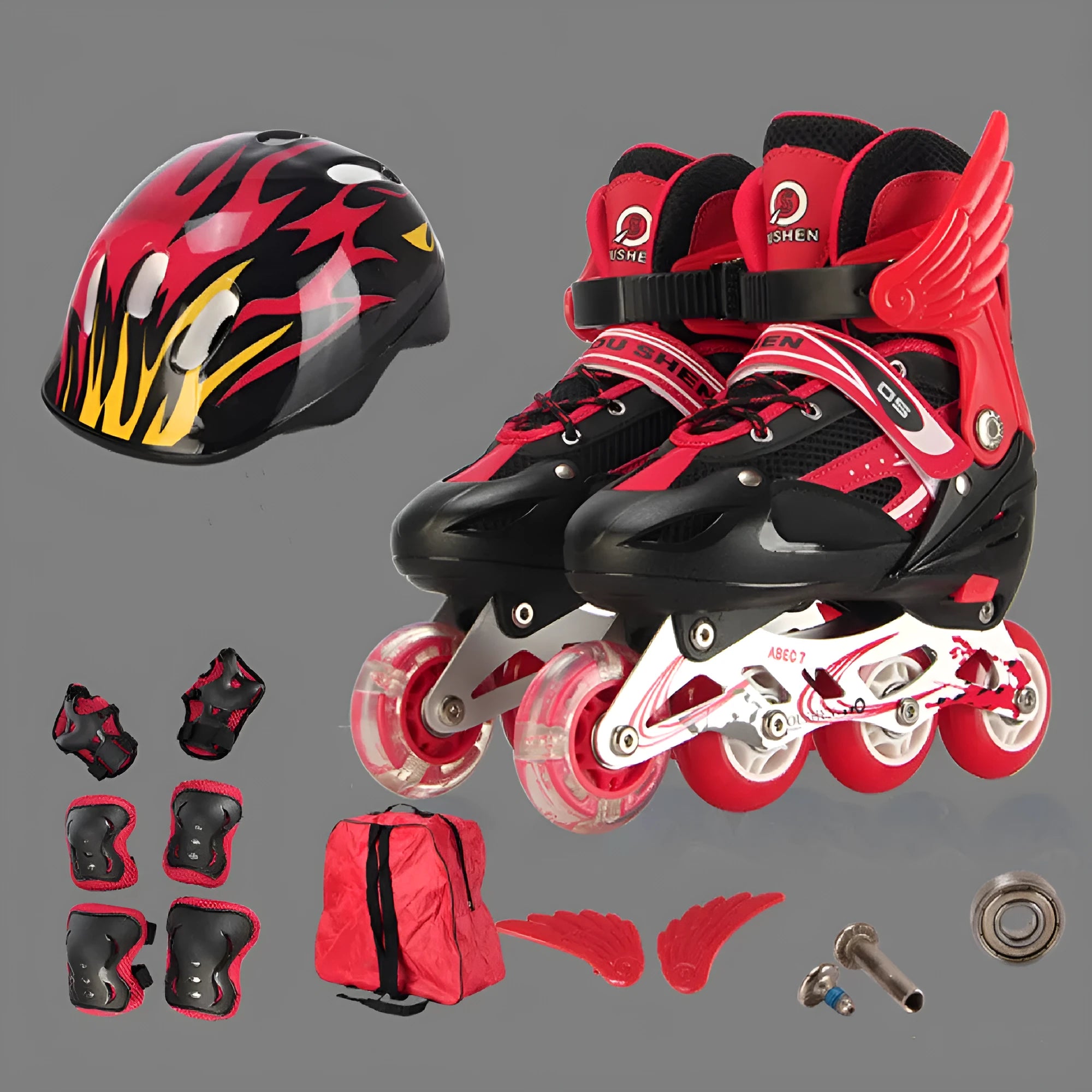 Children's adjustable skating shoes with aluminium frame, PU foam wheels, and complete protective gear set including helmet