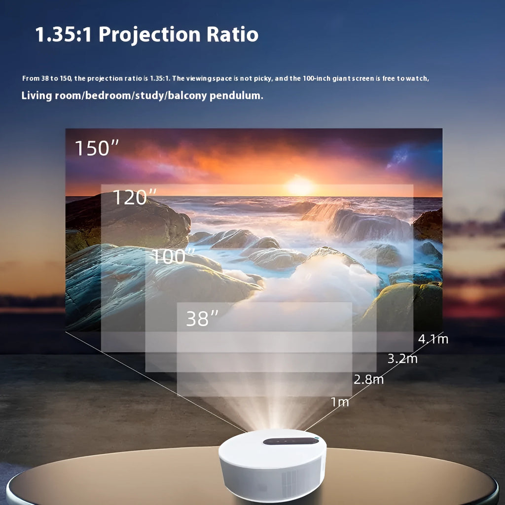 White HD home cinema projector with remote control on table showing 720p resolution specification