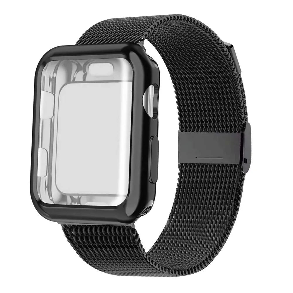 Apple Watch with silver magnetic Milanese loop band showing adjustable magnetic clasp on wrist.