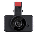 Car dash cam with 3-inch HD screen featuring dual lens recording for simultaneous front and rear video capture, operated via button controls with 12 megapixel resolution and USB data transfer connectivity