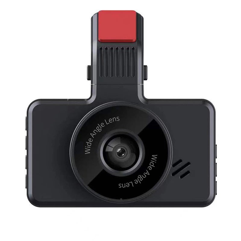 Car dash cam with 3-inch HD screen featuring dual lens recording for simultaneous front and rear video capture, operated via button controls with 12 megapixel resolution and USB data transfer connectivity