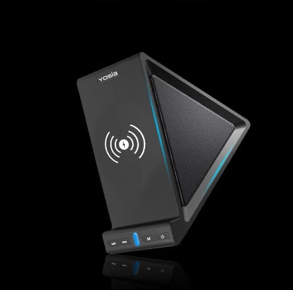 Black multifunctional Bluetooth speaker with wireless charging phone stand and 2000mAh power bank