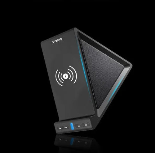 Black multifunctional Bluetooth speaker with wireless charging phone stand and 2000mAh power bank