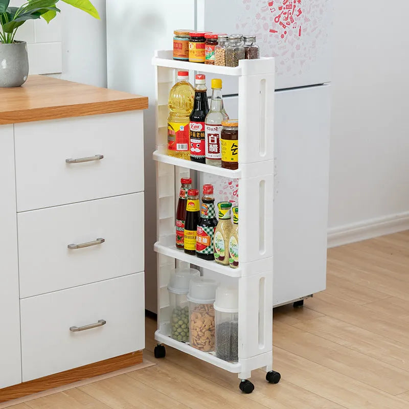 Plastic kitchen storage rack with wheels, multi-layer, narrow gap design, white colour