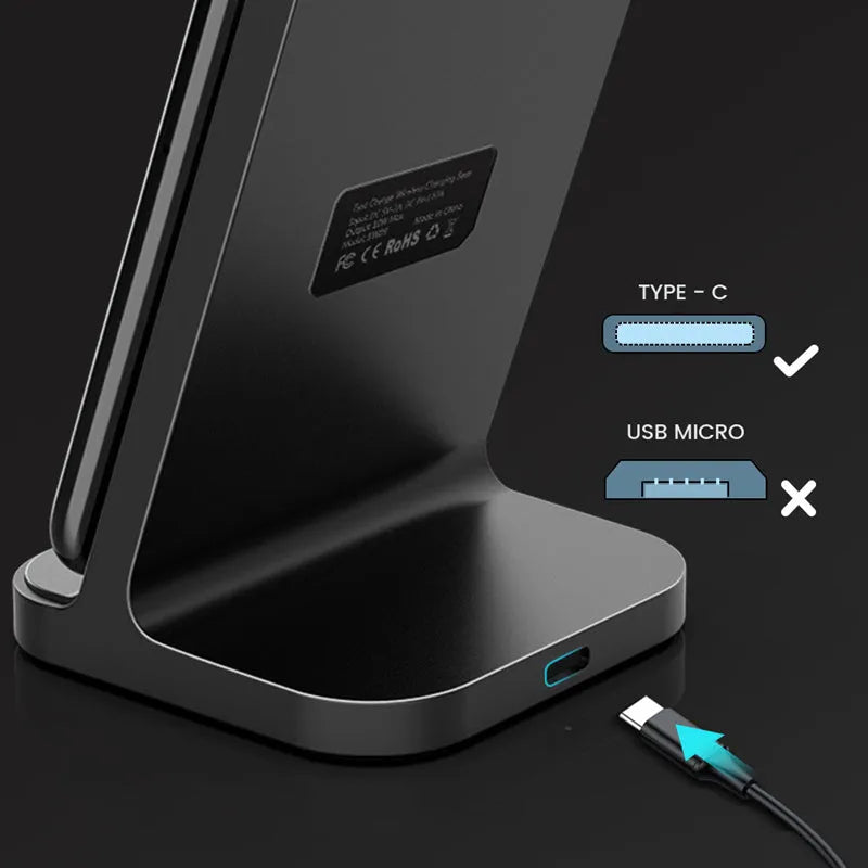 Dark grey vertical wireless charging stand for Apple phones measuring 70x70x113 mm