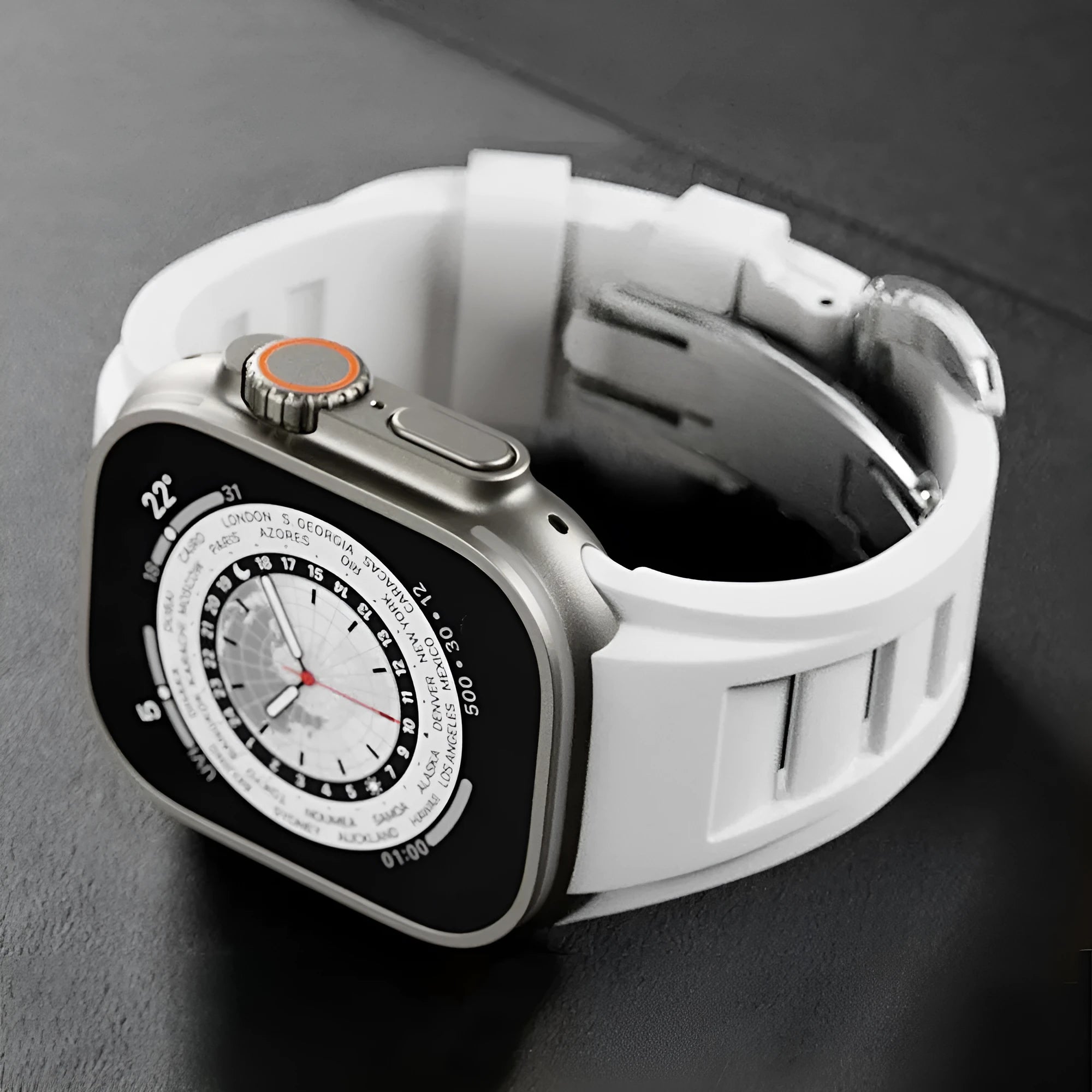 Orange liquid silicone watch strap with silver folding buckle for 42-49mm smartwatch case