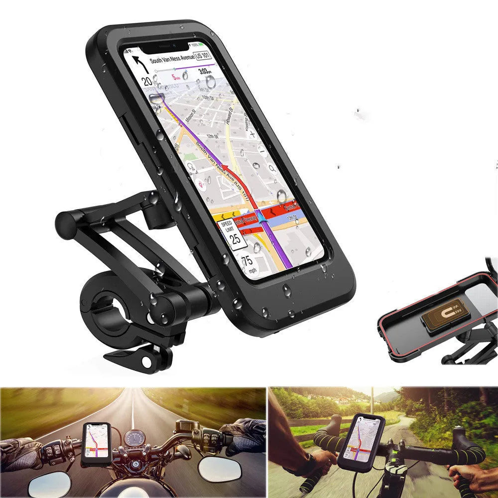 Black waterproof bicycle motorcycle phone holder with adjustable joints and magnetic suction on handlebars
