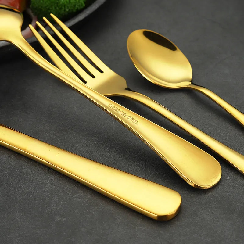 24-piece stainless steel cutlery set in a choice of colours including black, gold, and rose gold.