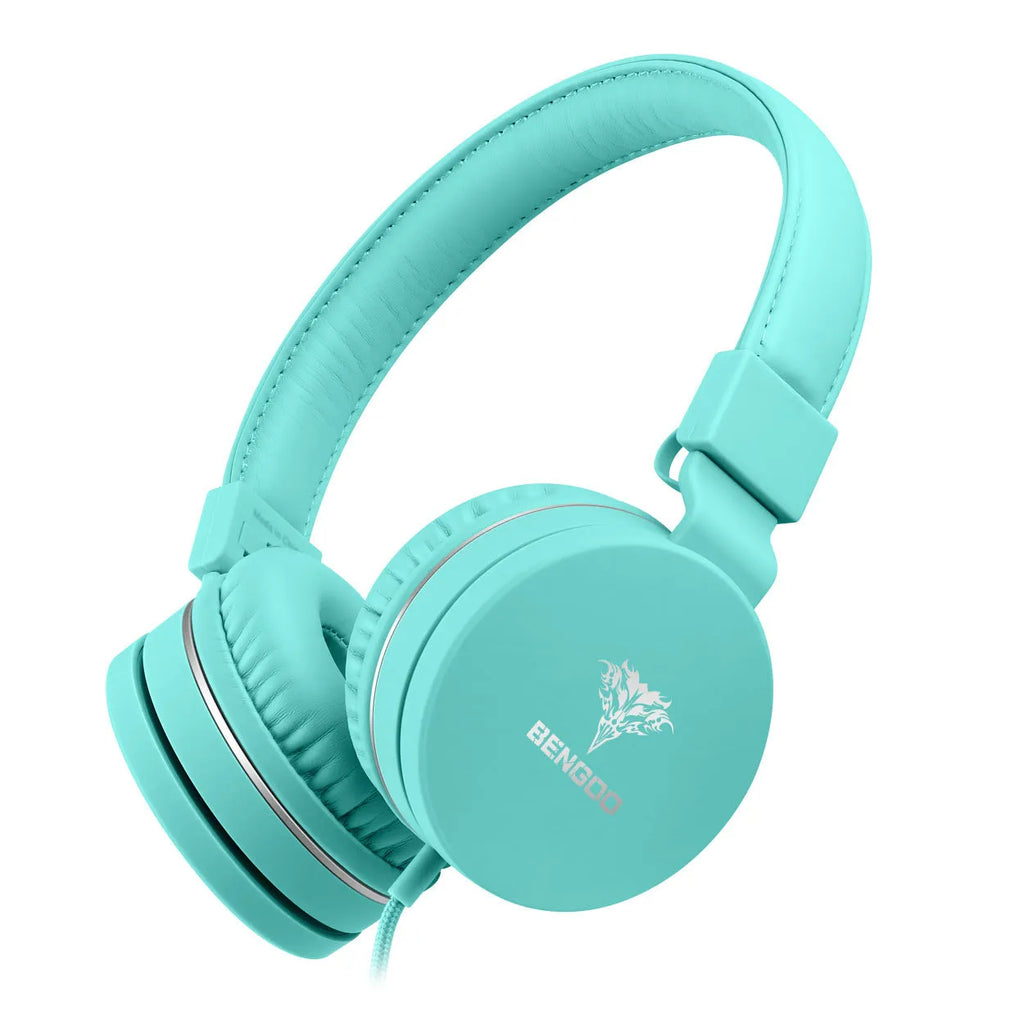 Bengoo C30 wired over-ear headphones with microphone in mint green, showing protein ear cushions and braided cable.