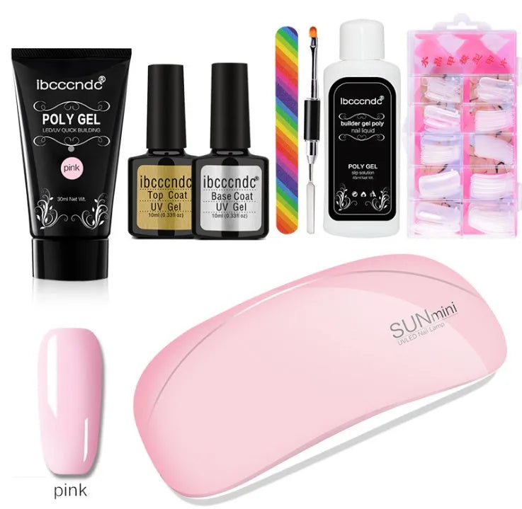 Crystal glue nail extension kit with 100-piece armour film box, mouse lamp, and nail polish in multiple colours