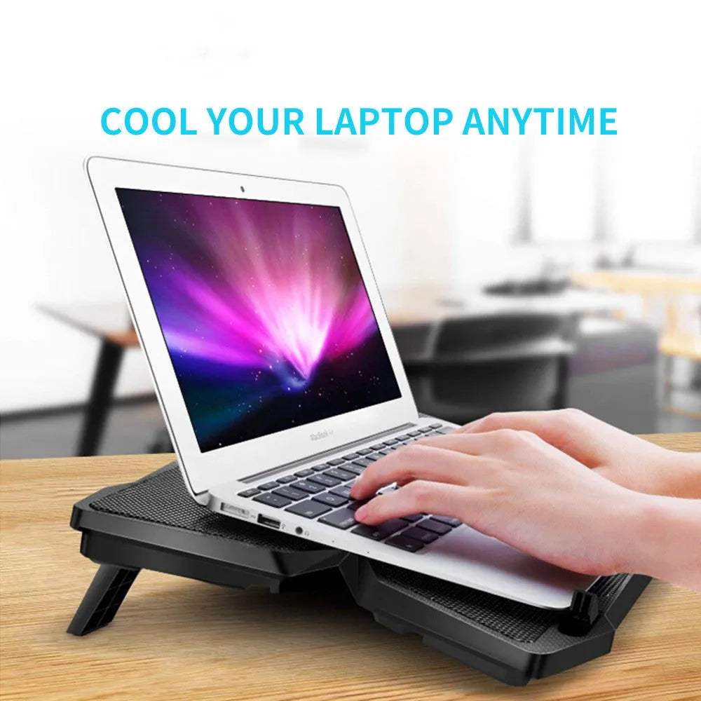Blue laptop cooling base with four LED fans and USB ports for computer heat dissipation