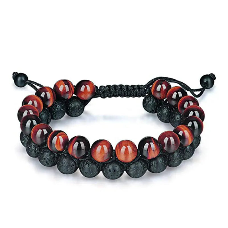 Geometric agate couple bracelets in tiger eye and matte black beads.