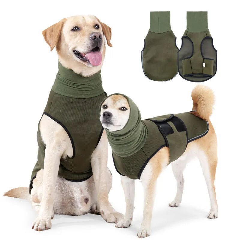 Dog wearing army green anti-anxiety jacket for calming pressure during stressful situations