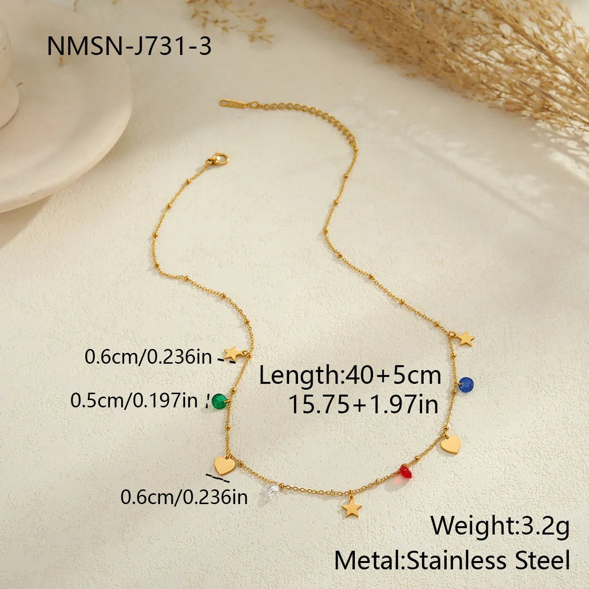 Stainless steel zircon necklace clavicle chain with beaded blue bracelet set geometric pendant on white background