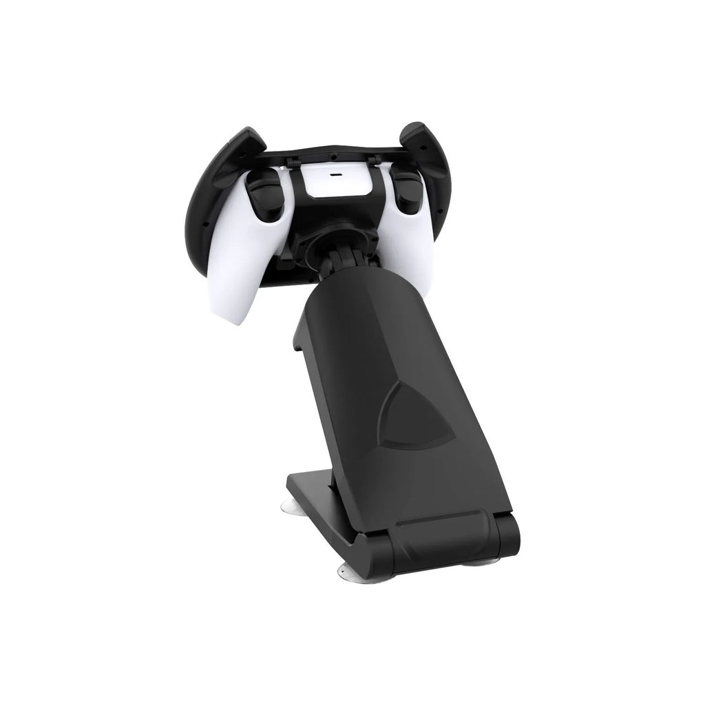 Black ABS plastic gamepad steering wheel bracket with a suction cup mount for mobile phones.