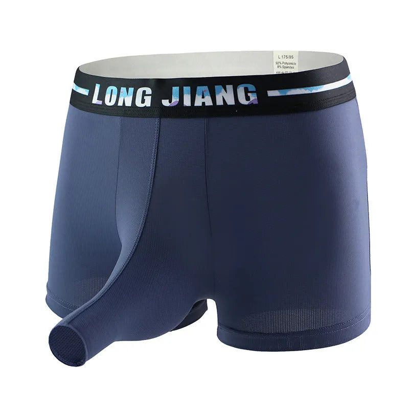 Men's solid colour Ice Silk boxer shorts with a trunk open design on a mid-waist fit.