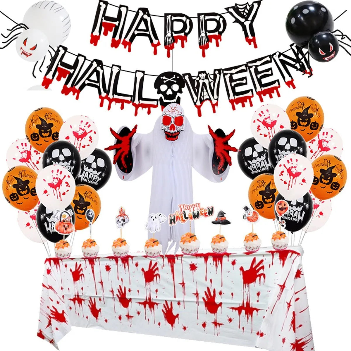 Halloween spider balloon arch decoration set with black and white skeleton and pumpkin balloons