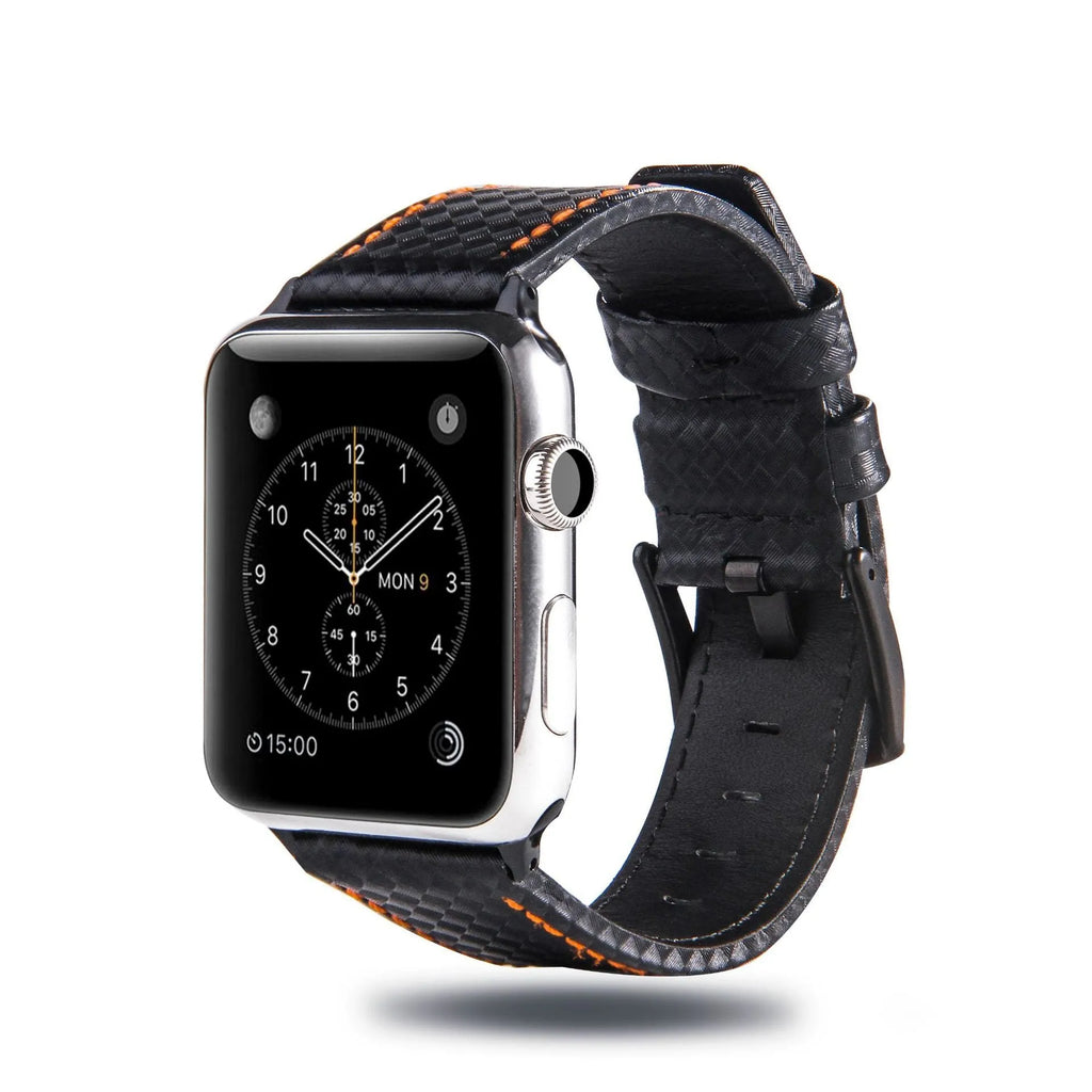 Compatible Apple Watch leather strap with carbon fibre pattern on PC case in red, black, orange, or blue