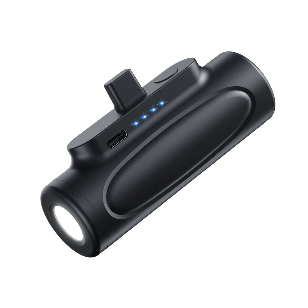 Black and pink Creative Power Bank with integrated LED flashlight, showing Apple and Type-C port options.