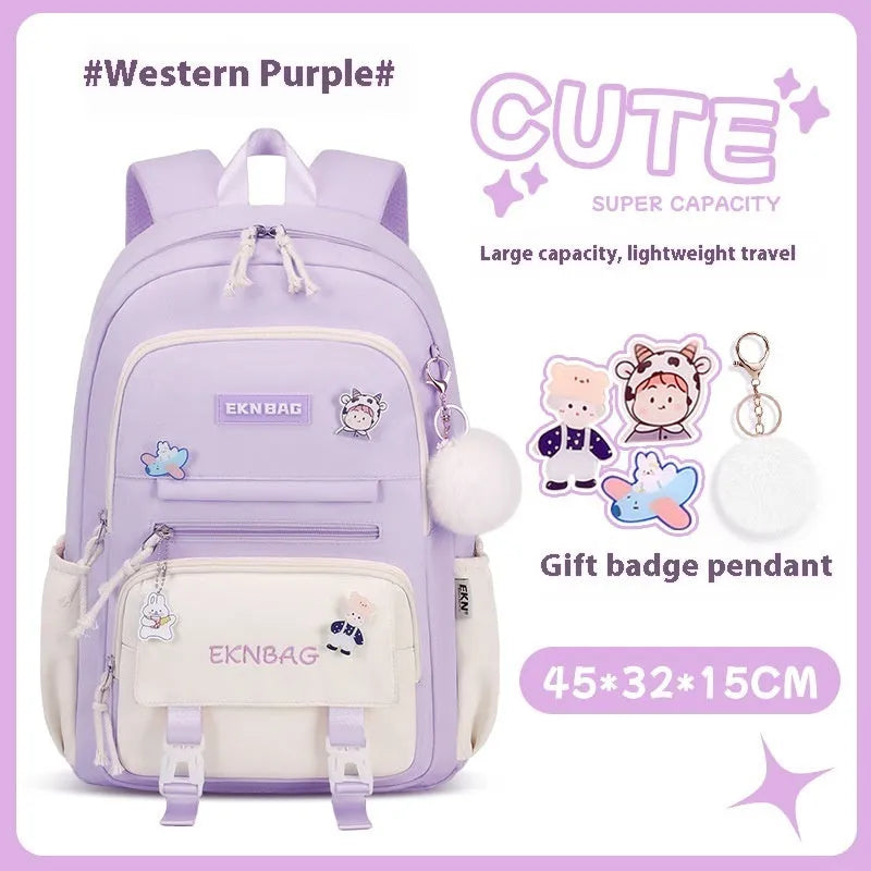 Pink waterproof Oxford cloth school backpack for girls with curved shoulder straps.
