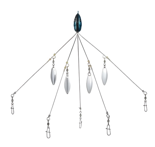 Bassdash umbrella fishing lure rig with 5 swivels and rotating metal sequins in green colour