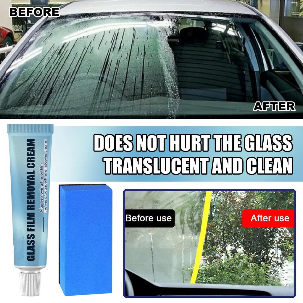Blue car glass oil film remover bottle with soft sponge applicator