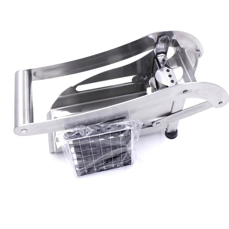 Potato chopper gadget with two stainless steel blades and a non-slip rubber foot on the base.