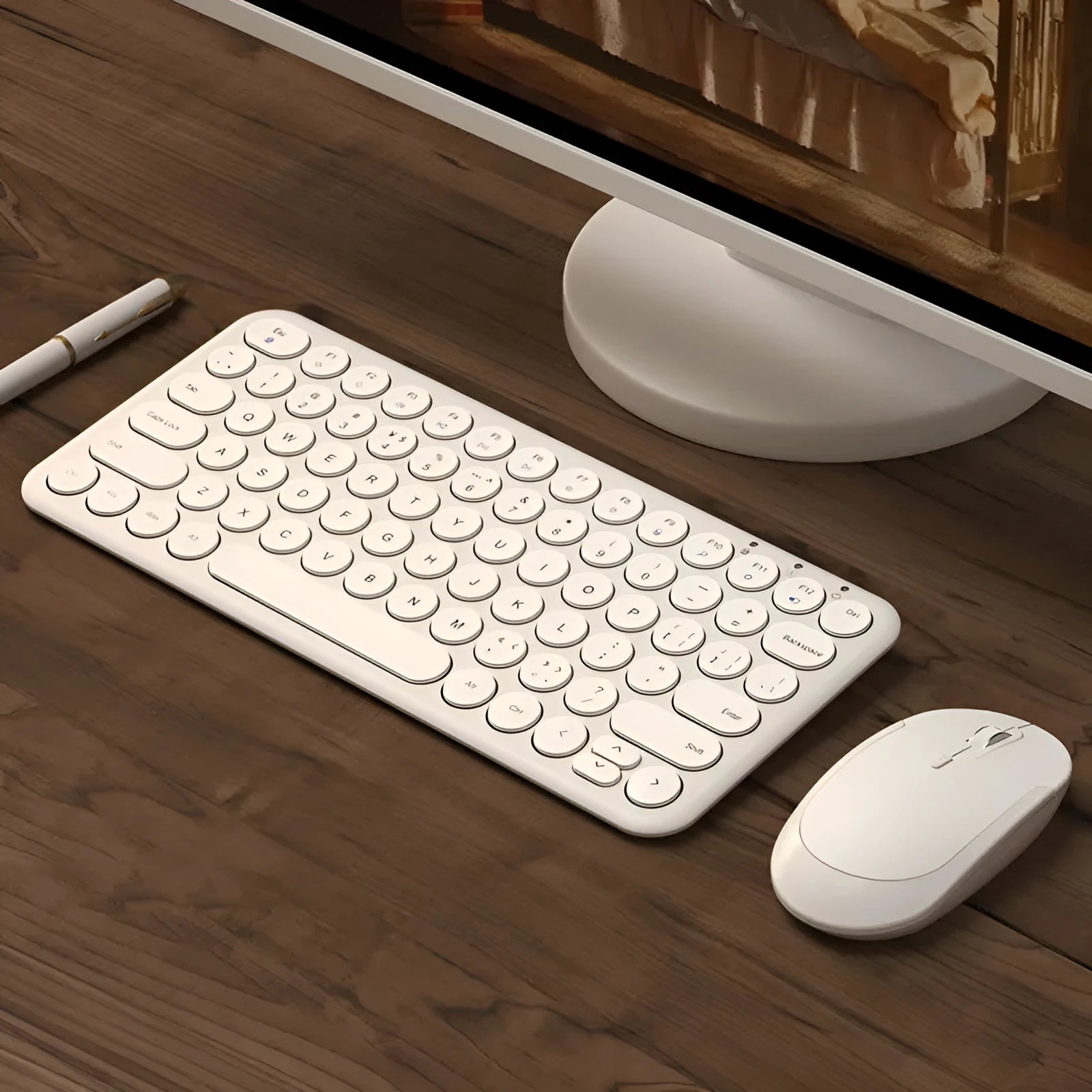 Mute white ultra-thin wireless keyboard and mouse with tiny USB receiver on a wooden desk