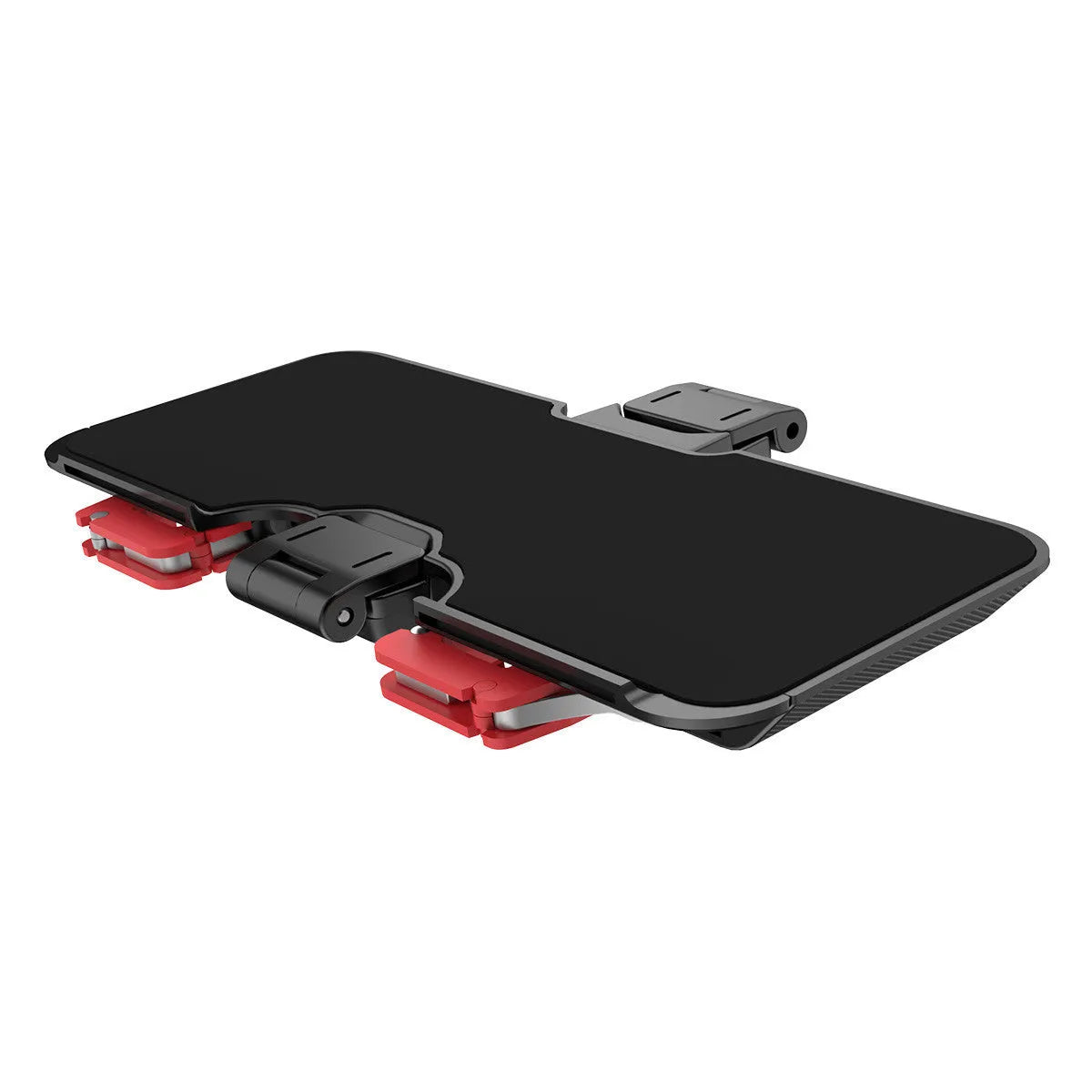 Black mobile phone gaming bracket with a trigger button and an extended telescopic phone clip.