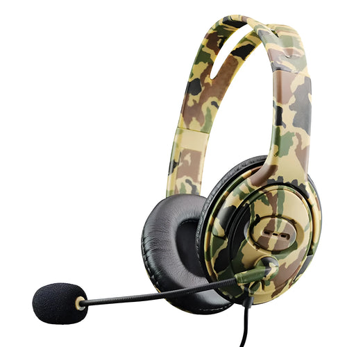 Camouflage gaming headset with 50mm bass driver, 3.5mm plug, and microphone for PS4 and PC